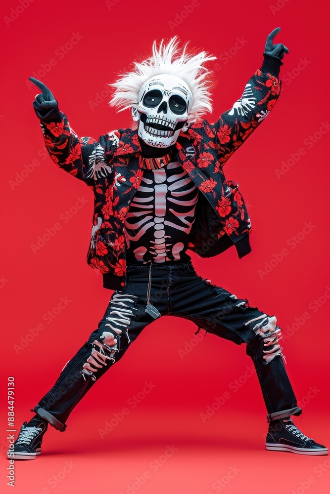 Playful Skeleton Posing Against Red Background Playful Skeleton Posing Against Red Background