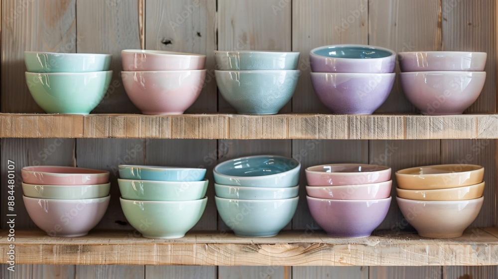 Neatly stacked ceramic bowls in solid pastel colors on a simple wooden shelf Neatly stacked ceramic bowls in solid pastel colors on a simple wooden shelf