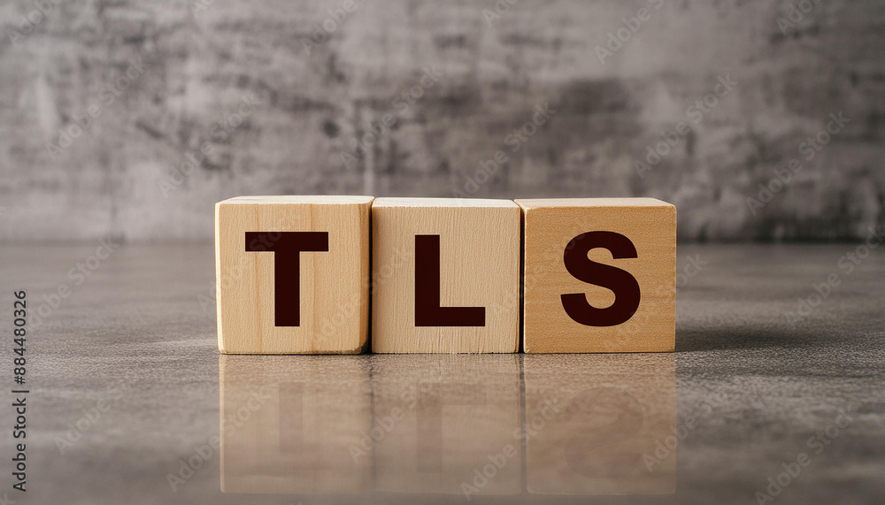 Wooden cubes with abbreviation TLS, cement background. Transport Layer Security. Technology concept. Wooden cubes with abbreviation TLS, cement background. Transport Layer Security. Technology concept.