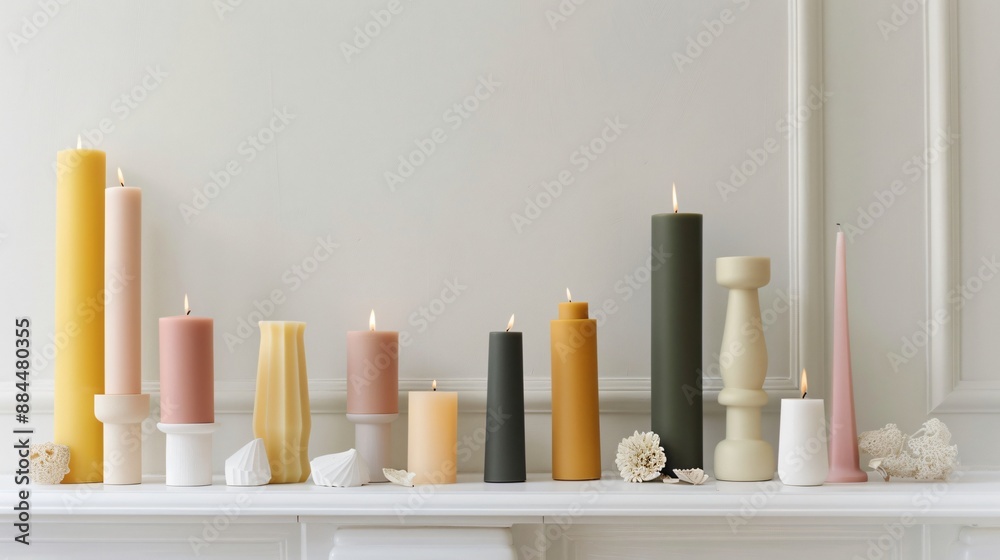 Solid-colored candle holders of different heights arranged on a sleek white mantel Solid-colored candle holders of different heights arranged on a sleek white mantel