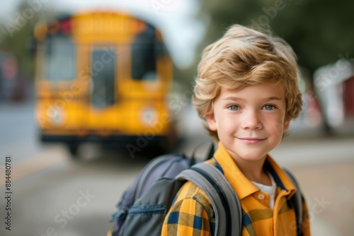 Young boy with a backpack smiling at the camera in front of a blurred yellow school bus, ready for school. Back to school concept