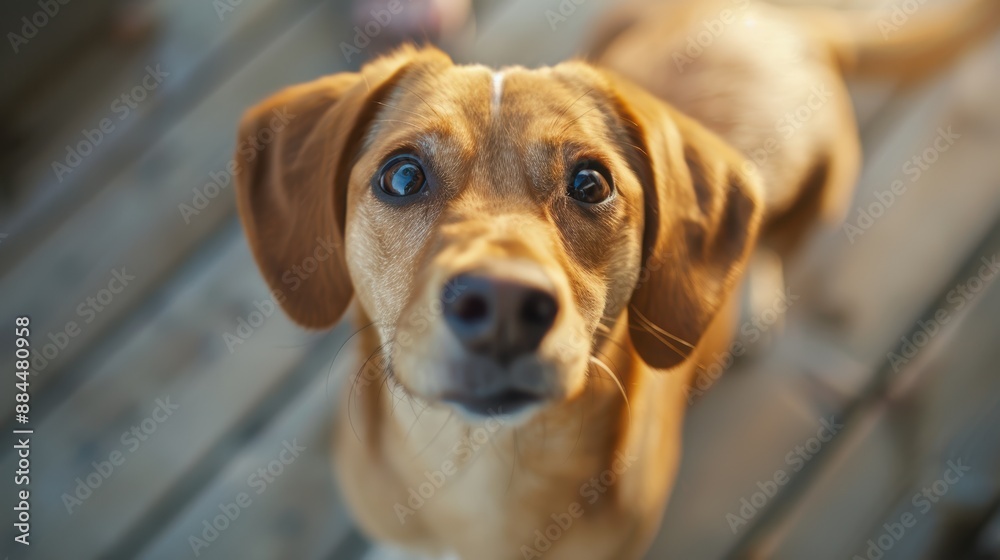 A cute dog looks up with wide, curious eyes while standing on a wooden surface, displaying a friendly and inquisitive expression A cute dog looks up with wide, curious eyes while standing on a wooden surface, displaying a friendly and inquisitive expression