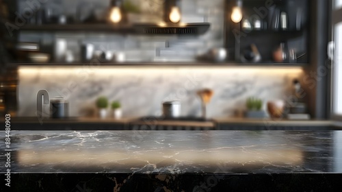 This is a hazy bokeh interior kitchen area background featuring an empty dark marble table top or kitchen island. for a product presentation montage.