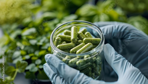 Scientist developing algaebased supplements, sustainable nutrition, biotech research photo