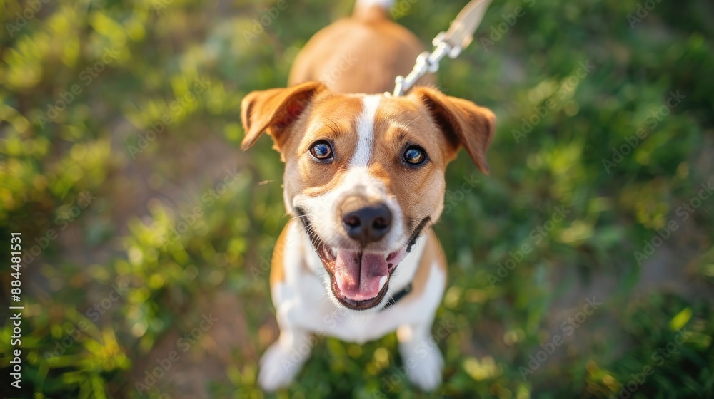 Happy dog on leash smiling in green field while facing camera Happy dog on leash smiling in green field while facing camera
