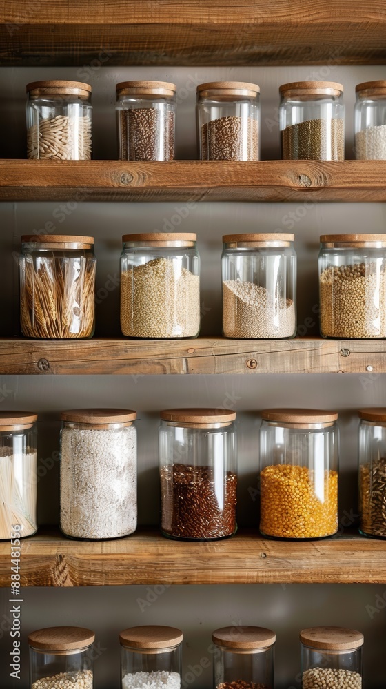 Glass jars filled with various grains and spices are neatly arranged on wooden shelves in a pantry. Glass jars filled with various grains and spices are neatly arranged on wooden shelves in a pantry.