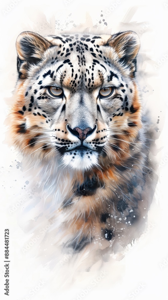 Fototapeta premium A detailed watercolor illustration of a leopard, capturing its intense gaze and majestic presence with soft splashes of color around it, white background.