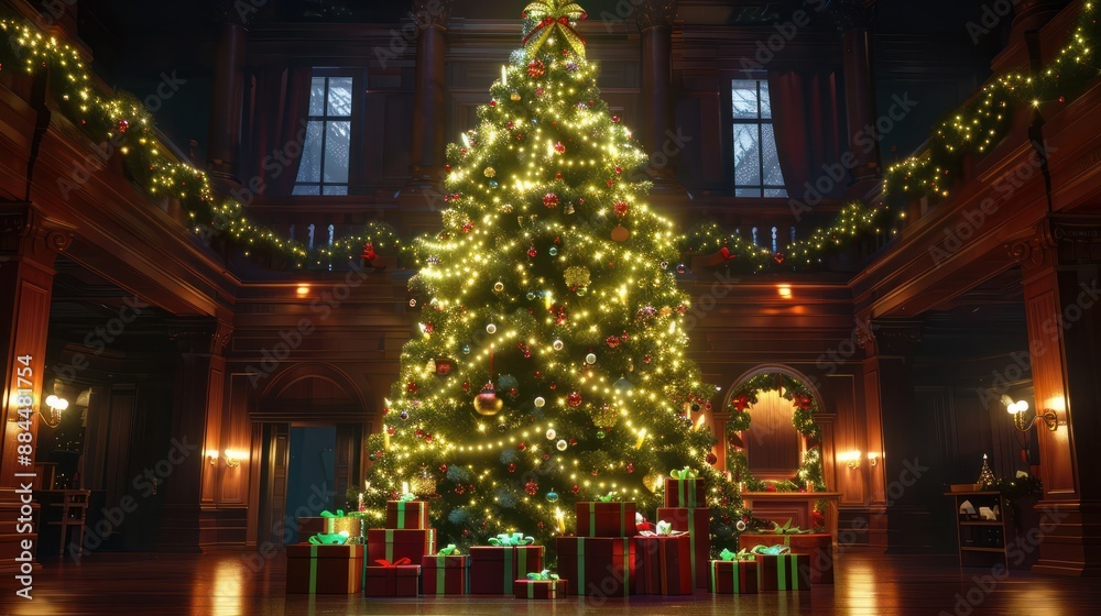 A huge Christmas tree with bright lights and presents.