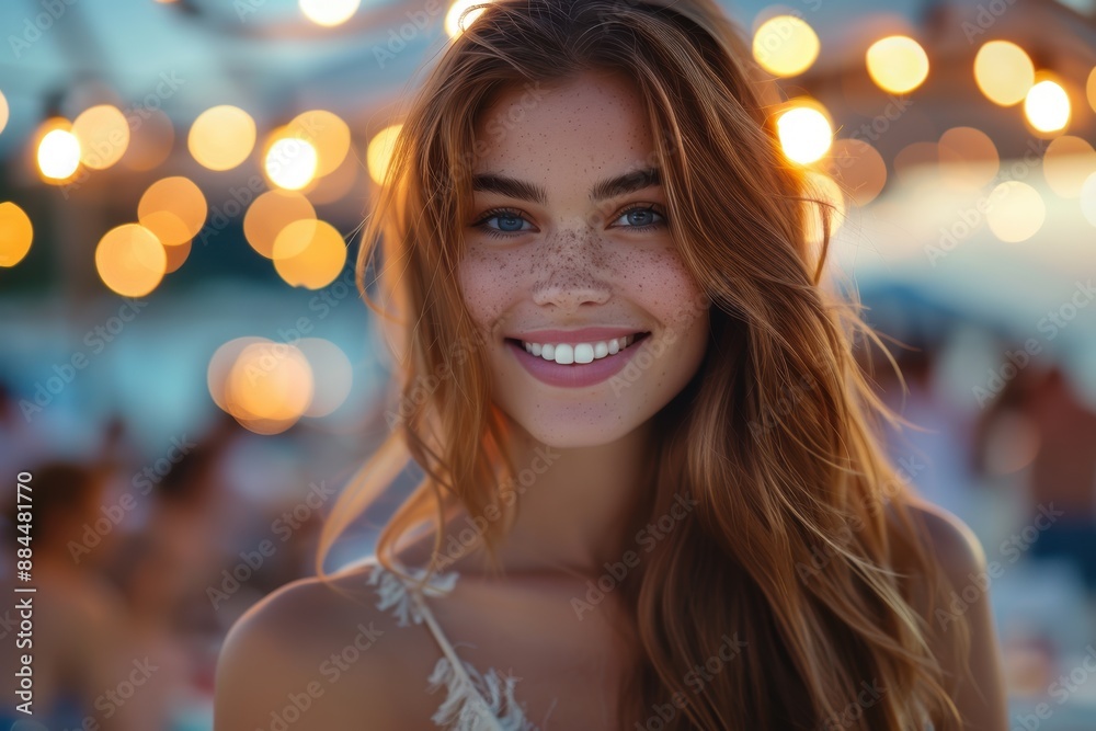 A smiling person with long hair and freckles is lit by warm, bokeh lights in an outdoor setting, creating a vibrant, cheerful atmosphere A smiling person with long hair and freckles is lit by warm, bokeh lights in an outdoor setting, creating a vibrant, cheerful atmosphere