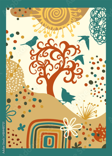 Decorative tree and birds. hand drawing. Not AI Vector illustration