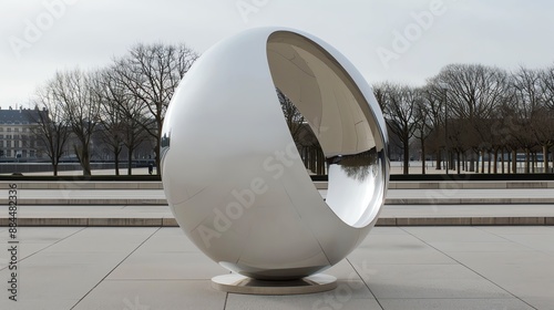 A large metal sphere sits in a park