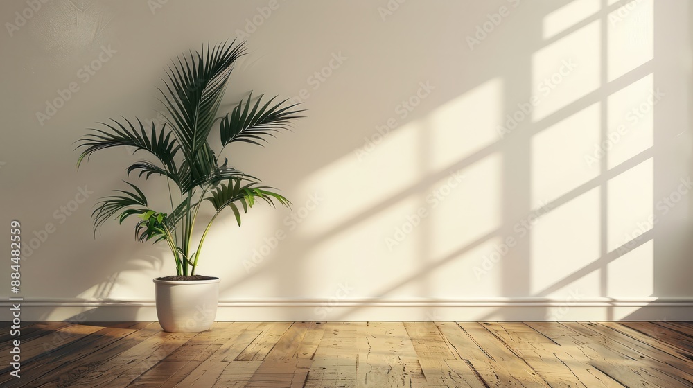 Fototapeta premium An empty white room with a wooden floor and a potted plant