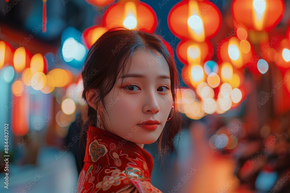 Dreamy nighttime portrait of a young woman with glowing red lanterns in the background Dreamy nighttime portrait of a young woman with glowing red lanterns in the background