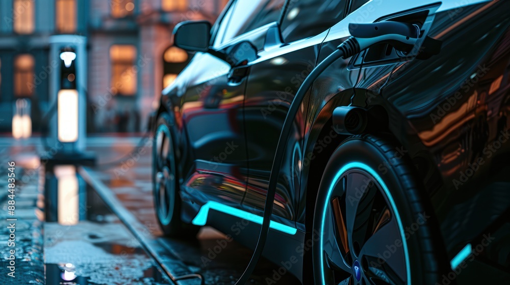 Close up of Modern electric vehicle (EV) plugged into a charging station, showcasing advanced green technology Close up of Modern electric vehicle (EV) plugged into a charging station, showcasing advanced green technology