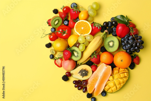 Fresh Fruit Heart Shape on Yellow Background.