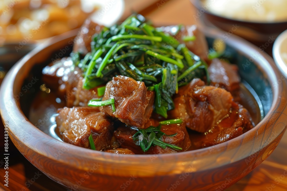Succulent braised pork belly topped with fresh greens, served in a rustic wooden bowl Succulent braised pork belly topped with fresh greens, served in a rustic wooden bowl