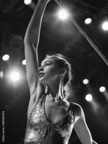 A woman holding a microphone in a sparky dress, ideal for concert or stage photography photo