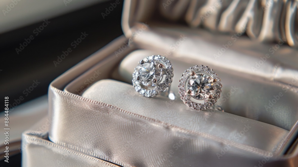 An elegant pair of diamond-studded earrings displayed in a satin-lined jewelry box. An elegant pair of diamond-studded earrings displayed in a satin-lined jewelry box.