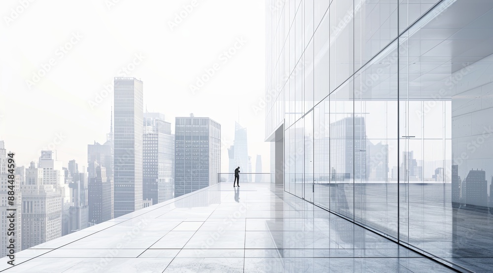 Fototapeta premium Realistic rendering of an office building exterior with large glass windows overlooking the city skyline, creating a bright and airy atmosphere for business activities. 