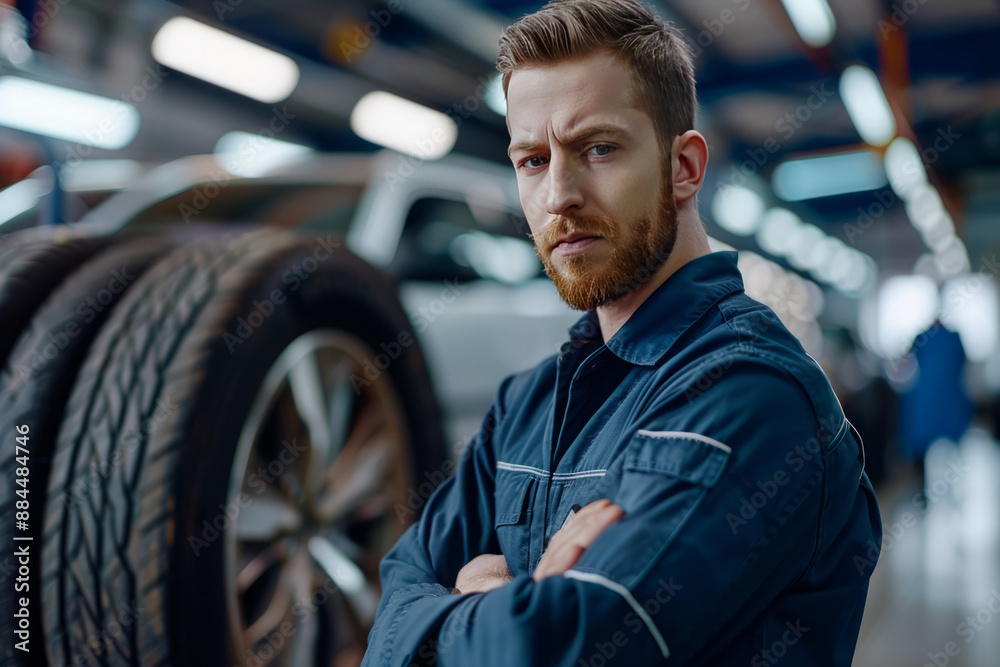 Portrait of professional mechanic and new car tyre at auto repair shop. Technician man at auto repair service center.generative ai Portrait of professional mechanic and new car tyre at auto repair shop. Technician man at auto repair service center.generative ai