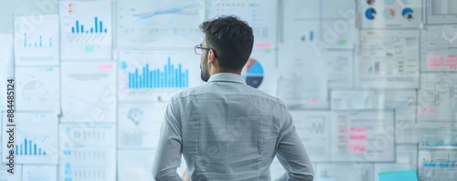 A man stands facing a wall of charts and graphs, lost in contemplation.