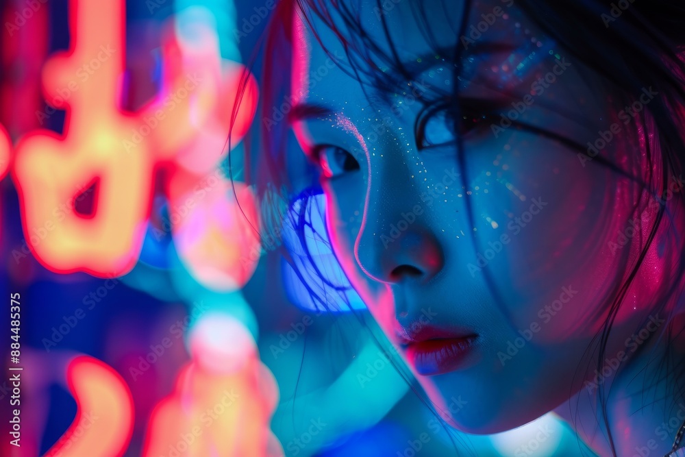 Closeup of a young woman with glitter makeup, bathed in the vibrant glow of neon lights at night Closeup of a young woman with glitter makeup, bathed in the vibrant glow of neon lights at night