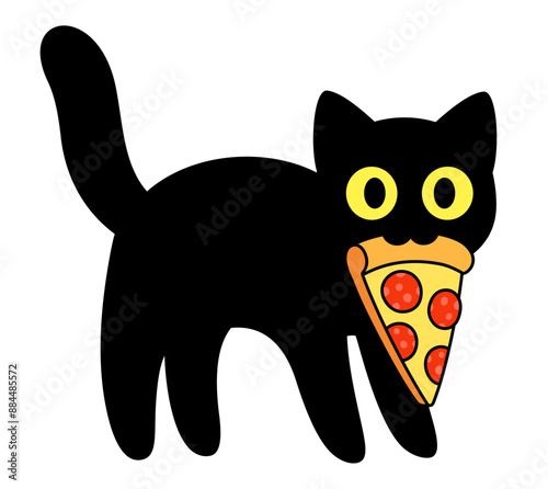 Cute black cat holding pizza slice