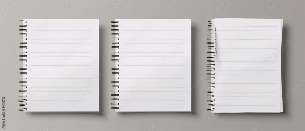 Set of White Lined and Checkered Paper Sheets on Gray Background. Blank Notebook Pages Template Collection for Text or Copy Pasting. High-Resolution 8K White Sheet Design for School or Office Work.