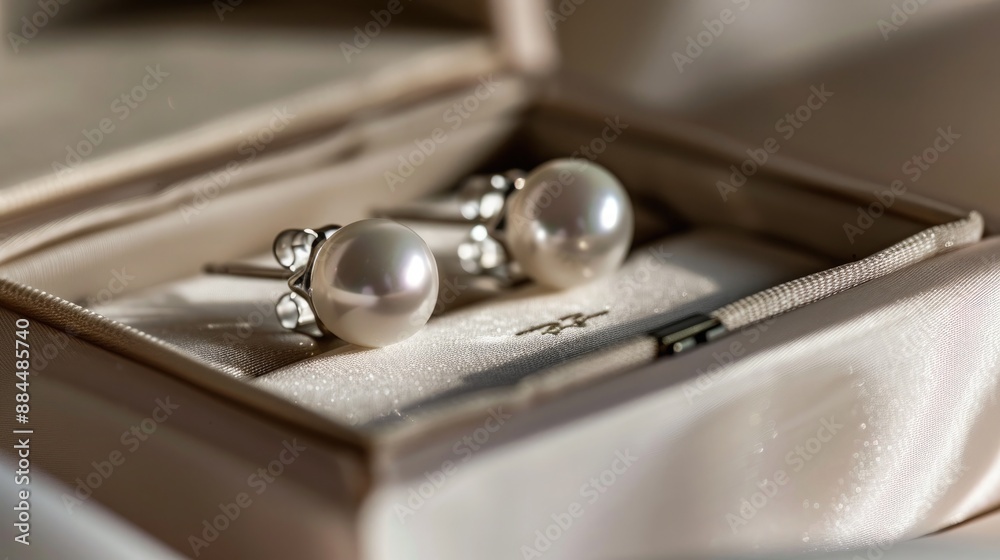 An elegant pair of pearl earrings displayed in a satin-lined jewelry box. An elegant pair of pearl earrings displayed in a satin-lined jewelry box.