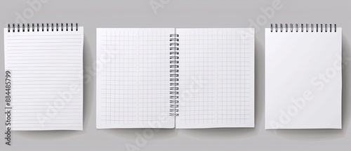 Set of White Lined and Checkered Paper Sheets on Gray Background. Blank Notebook Pages Template Collection for Text or Copy Pasting. High-Resolution 8K White Sheet Design for School or Office Work.