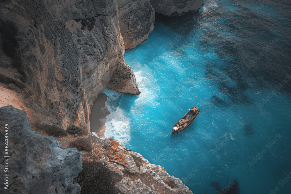 Obraz premium Zakynthos Navagio, shipwreck beach, crystal-clear turquoise waters, dramatic limestone cliffs, secluded cove, midday lighting, stunning coastal scenery
