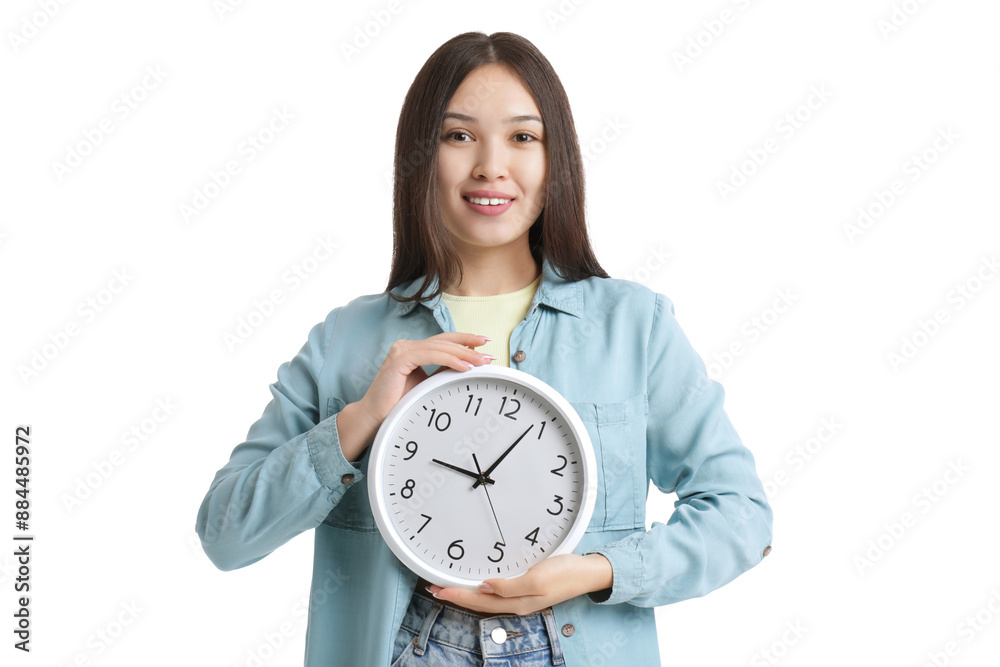 Young Asian woman with clock on white background