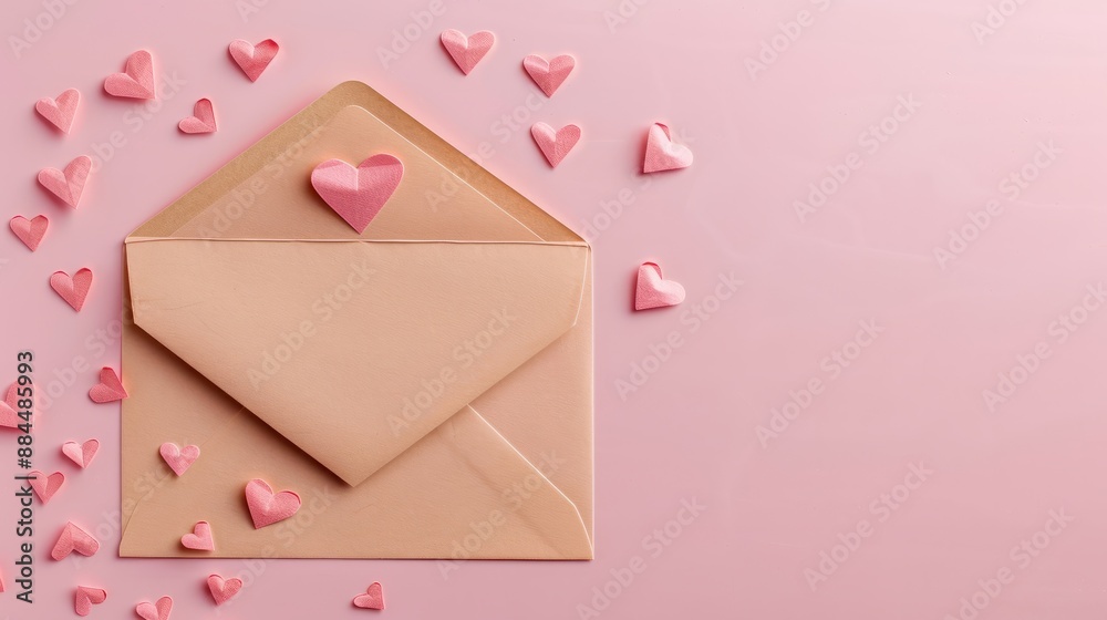 love letter envelope with paper craft hearts - flat lay on pink valentines or anniversary background with copy space love letter envelope with paper craft hearts - flat lay on pink valentines or anniversary background with copy space
