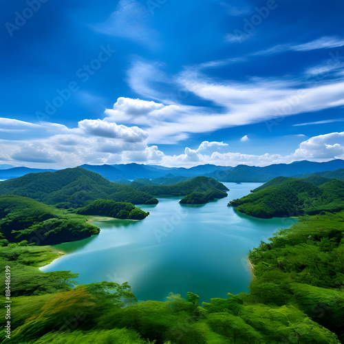 A lake surrounded by lush green trees reflects the snow-capped peaks of mountains in the distance. A small sailboat with white sails floats on the calm water in the foreground.