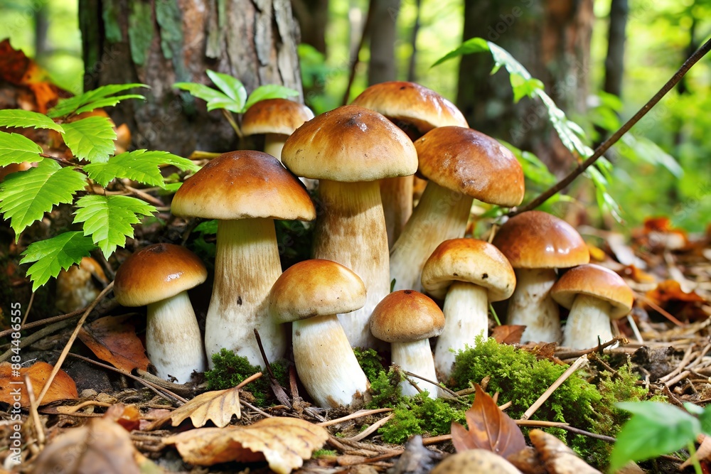 mushroom place. a family of fungi grown on moss. mushrooms in the forest. large view mushroom place. a family of fungi grown on moss. mushrooms in the forest. large view