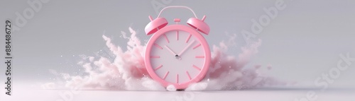 A pink alarm clock with a white face sits on a white background