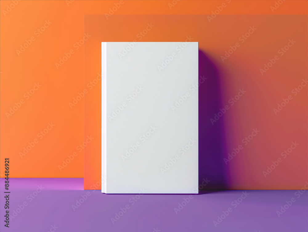 A white book mock up on an orange background with purple and violet gradients A white book mock up on an orange background with purple and violet gradients