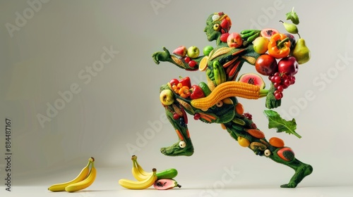 Running man made from fruit and vegetables. Concept on theme of healthy lifestyle. photo