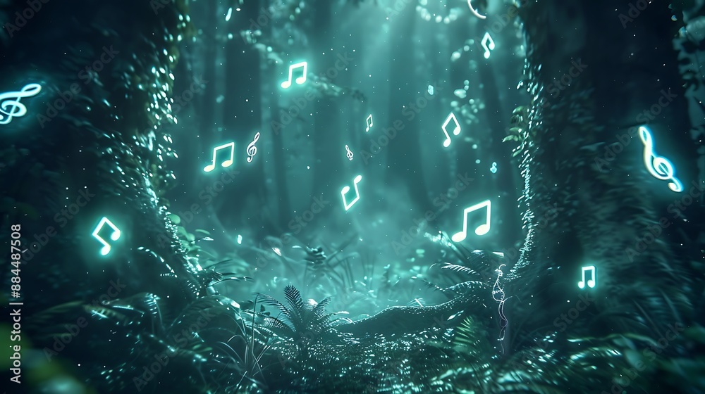 Fototapeta premium A magical background with glowing, neon music notes floating in a dark, enchanted forest, illuminated by soft, ethereal light.