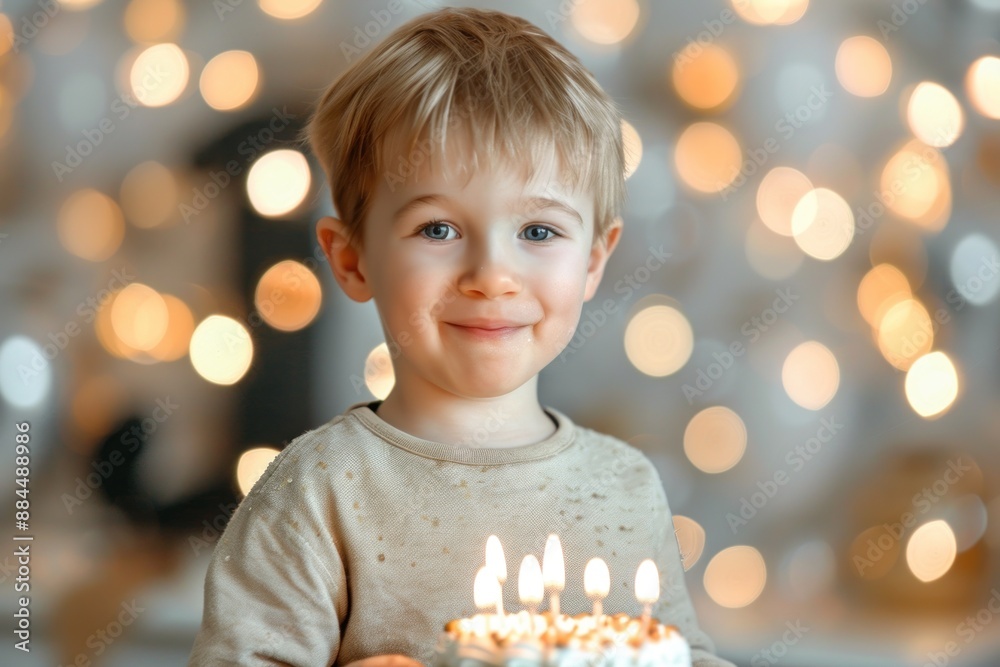 Cute little boy child celebrating birthday at home black bokeh bright blurred background Cute little boy child celebrating birthday at home black bokeh bright blurred background