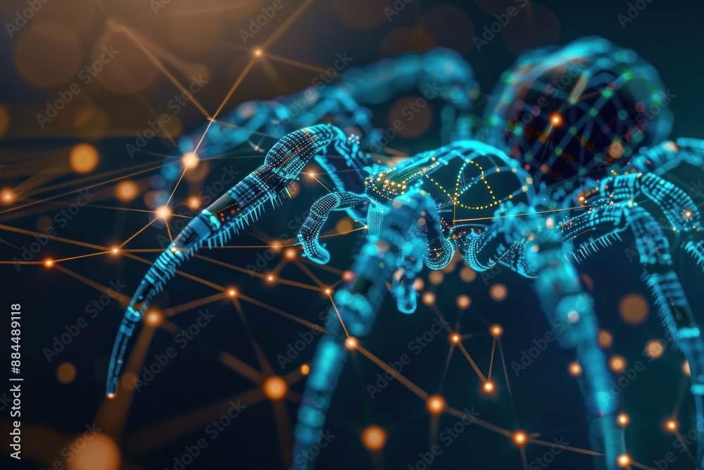 Cyber microchip spider networked on a digital data spider web mesh, artificial intelligence Cyber microchip spider networked on a digital data spider web mesh, artificial intelligence
