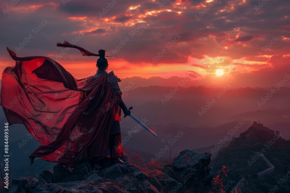 Majestic warrior standing guard overlooking a breathtaking sunset landscape with mountains. Wearing traditional armor and a red cape. In a scene that evokes a sense of epic adventure Majestic warrior standing guard overlooking a breathtaking sunset landscape with mountains. Wearing traditional armor and a red cape. In a scene that evokes a sense of epic adventure