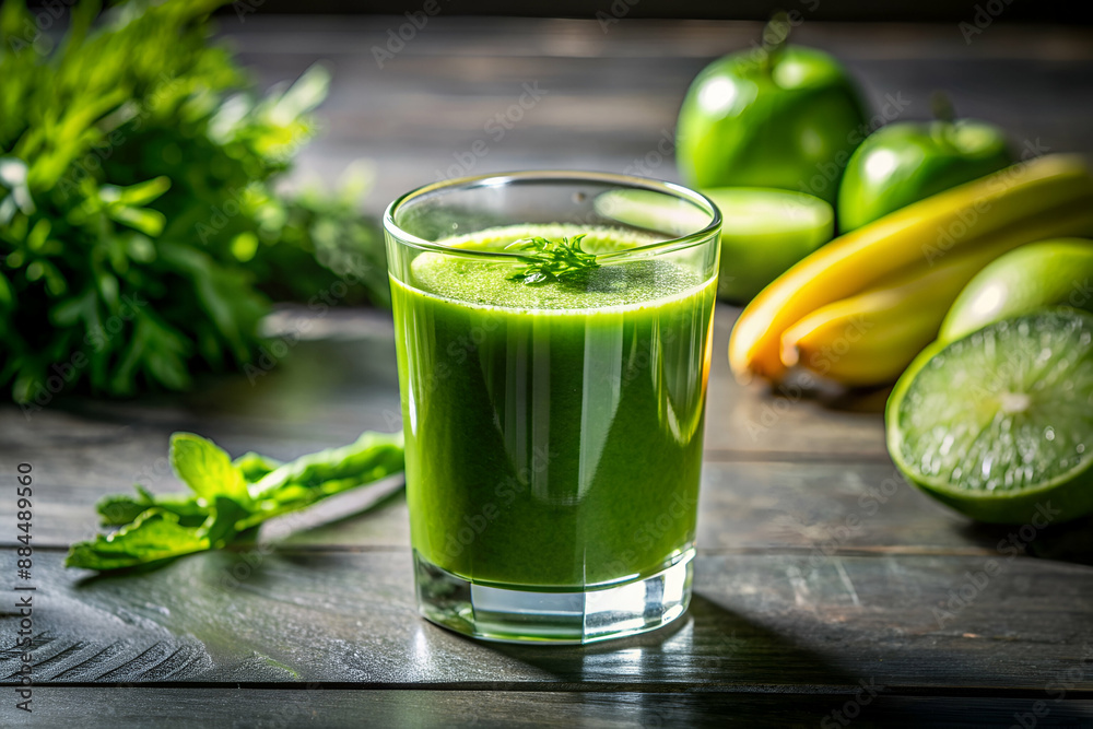 A glass of green juice is on a wooden table with a bunch of bananas and apples. The juice is made from green vegetables and is a healthy drink