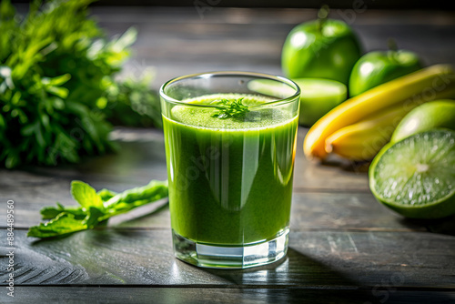 Obraz na płótnie A glass of green juice is on a wooden table with a bunch of bananas and apples. The juice is made from green vegetables and is a healthy drink w salonie