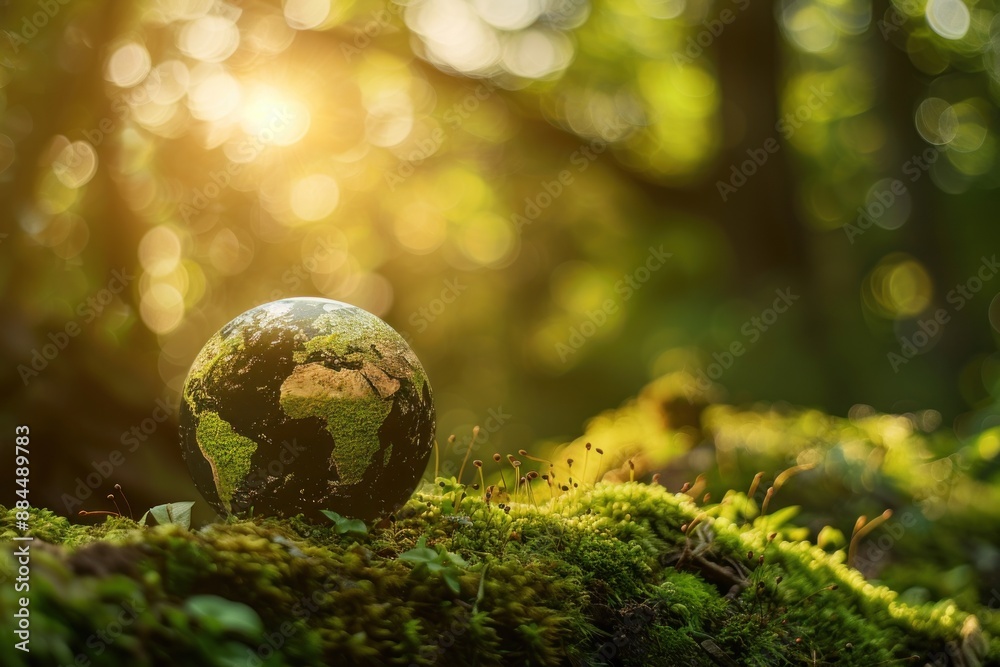 Earth Day - Environment - Green Globe In Forest With Moss And Defocused Abstract Sunlight, Saving environment Earth Day - Environment - Green Globe In Forest With Moss And Defocused Abstract Sunlight, Saving environment