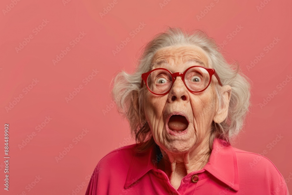 Elderly woman Stunned Reaction, Surprised Senior with Open Mouth and Big Round Eyes Isolated color background