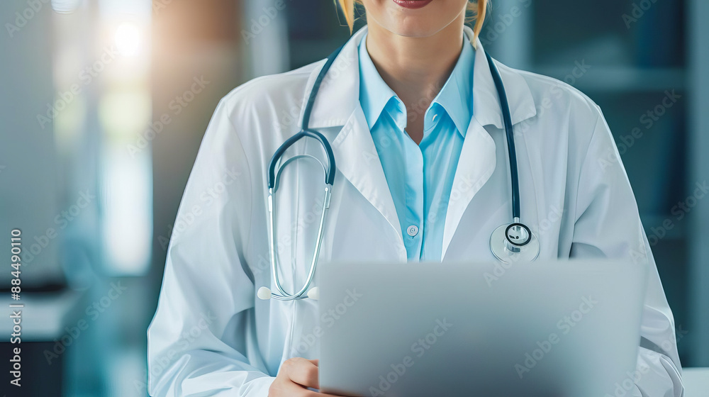 A professional doctor in a white coat and stethoscope, holding a clipboard in a modern medical office setting. A professional doctor in a white coat and stethoscope, holding a clipboard in a modern medical office setting.