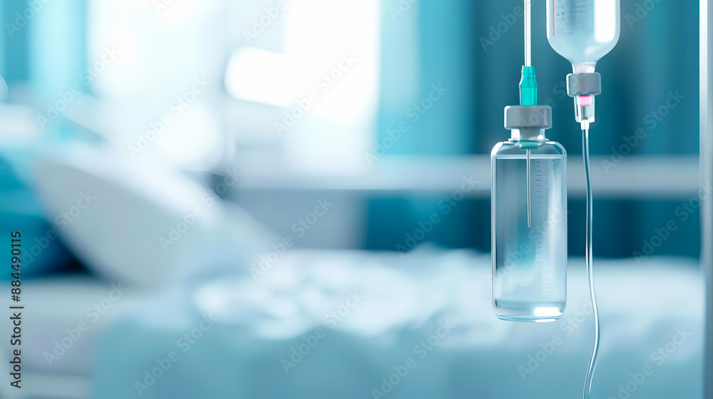 Close-up of IV drip in a hospital room, illustrating medical care and treatment in a healthcare setting. Close-up of IV drip in a hospital room, illustrating medical care and treatment in a healthcare setting.