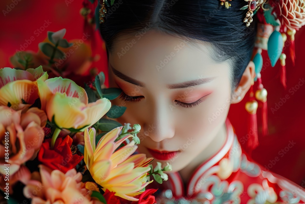 Naklejka premium Serene asian bride in traditional attire with a vibrant floral arrangement
