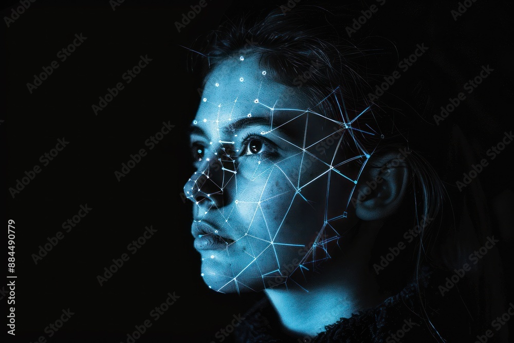 Obraz premium Female face scanned using facial recognition technology Isolated on black background